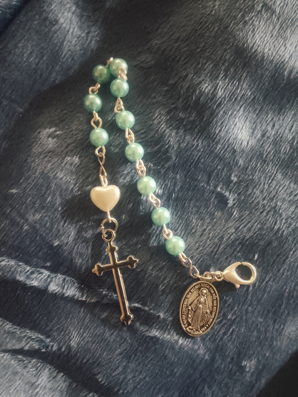 Turquoise Blue Beaded Pocket Rosary with Cross and Heart Charm